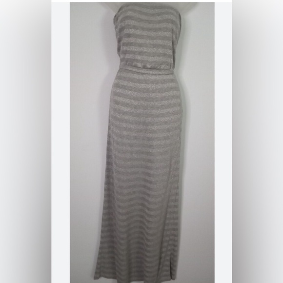 NWOT White House Black Market Gray Glitter Strapless Stripe Maxi Dress Size S - Picture 3 of 10